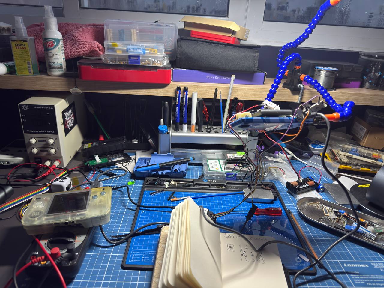 Two consoles on the bench